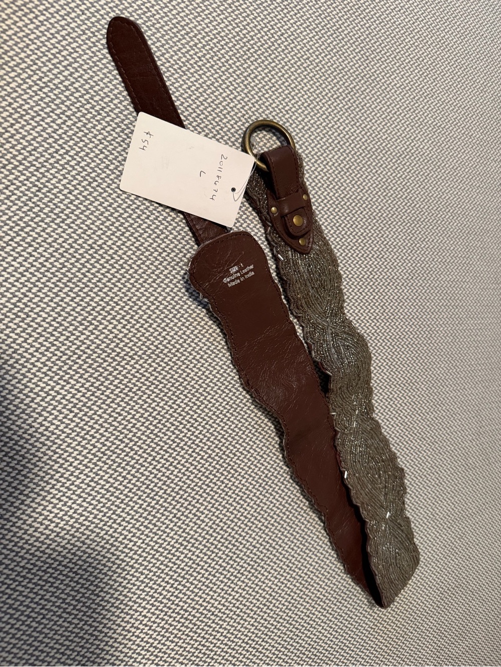 Anthropologie Scalloped Brown Leather and Silver Beaded Women’s Belt